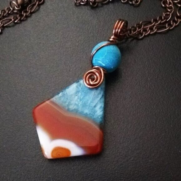 Unique & Handmade 4 YOU! Stacked Agate Pendant - Wire Wrapped - Copper Chain 20" - Picture 1 of 10